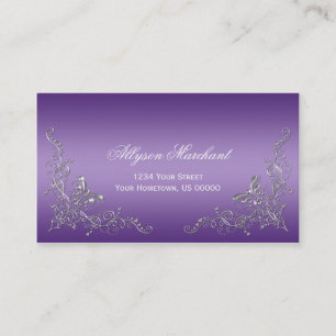 Elegant Ornate Silver Swirls on Purple Ombre Business Card
