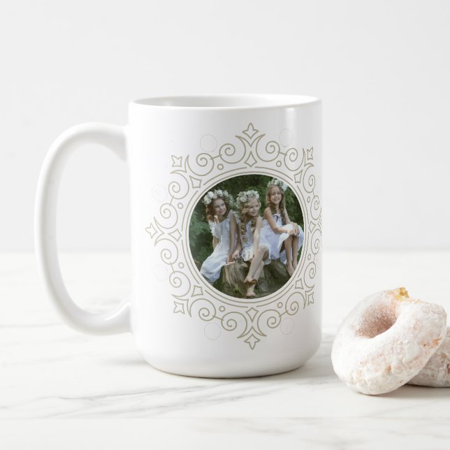 Elegant Ornate Snowflake Holiday Photo Coffee Mug (With Donut)