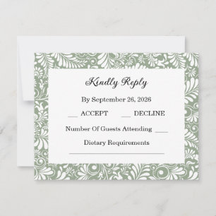 Elegant Ornate Swirl Sage Green Floral RSVP Card