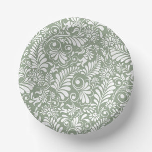 Elegant Ornate Swirl Sage Green Floral Wedding Paper Plate