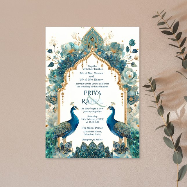 Elegant Ornate Vintage Peacocks Indian Wedding Invitation (blue and green floral indian wedding invitation with arch, flowers and two peacocks)