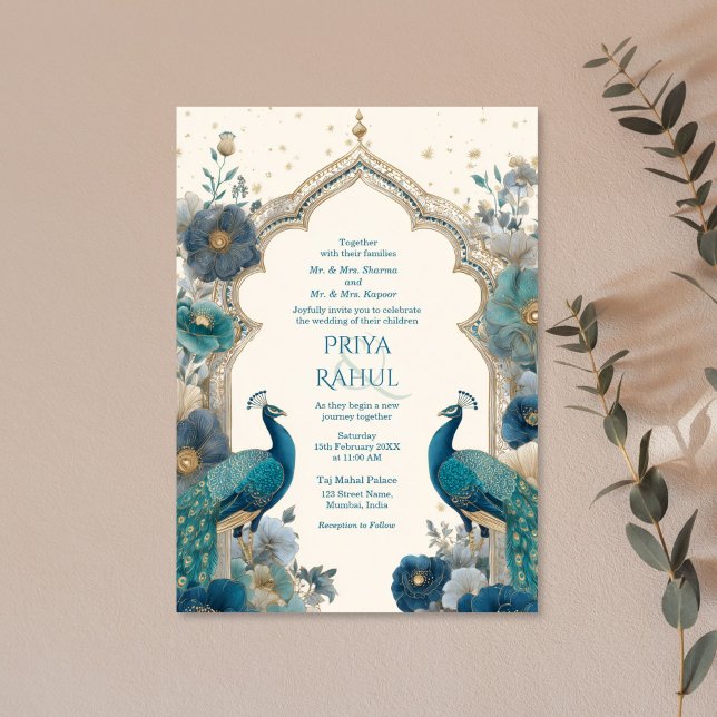 Elegant Ornate Vintage Peacocks Indian Wedding Invitation (blue and green floral indian wedding invitation with arch, flowers and two peacocks)