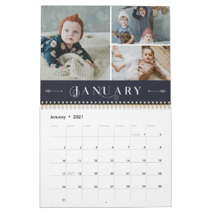 Elegant Ornate White Navy Months Photo Collage Calendar