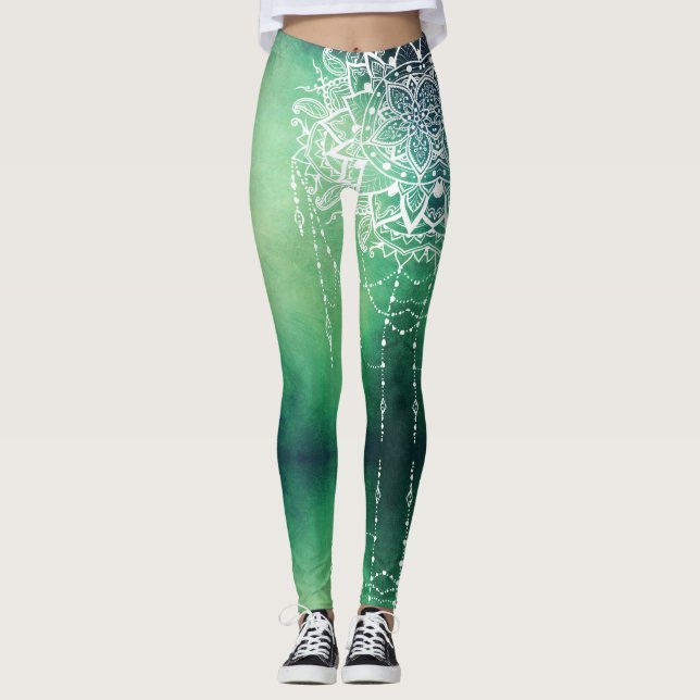Elegant Ornate Zen Mandala Rosette Green tones Leggings (Front)