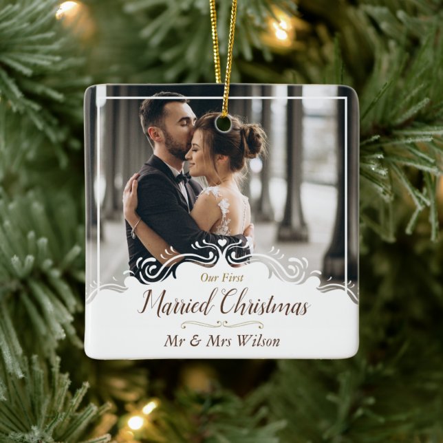 Elegant Our 1st Married Christmas One Photo Ceramic Ornament (Tree)