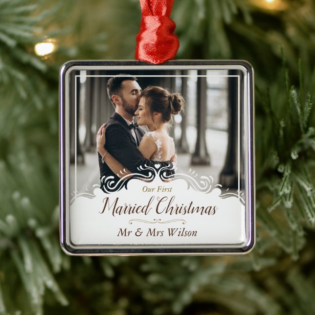 Elegant Our 1st Married Christmas One Photo Metal Tree Decoration (Tree)