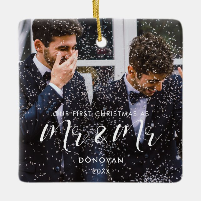 Elegant Our First Christmas as Mr & Mr photo Ceramic Ornament (Front)