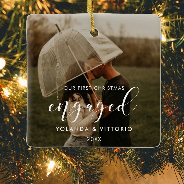 Elegant Our First Christmas engaged couple photo Ceramic Ornament (Creator Uploaded)