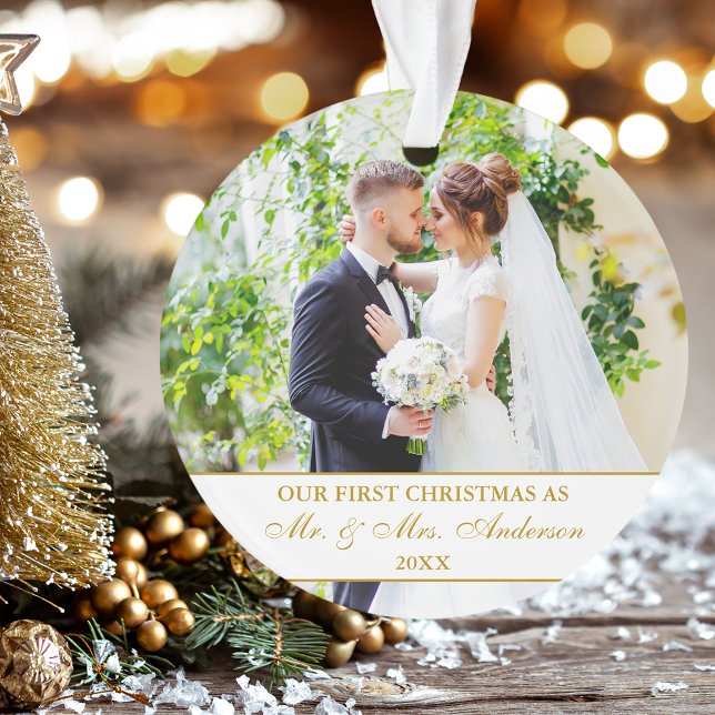Elegant Our First Christmas Gold White 2 Photo Ornament (Customize text size, style or color.)