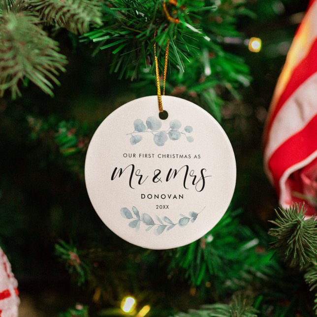 Elegant Our First Christmas greenery wedding photo Ceramic Tree Decoration (Creator Uploaded)