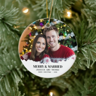 Elegant Our First Christmas Merry & Married Photo  Ceramic Tree Decoration
