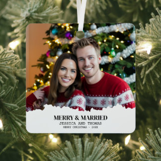 Elegant Our First Christmas Merry & Married Photo  Metal Tree Decoration