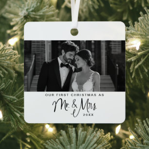 Elegant Our First Christmas Mr & Mrs Photo Metal Tree Decoration