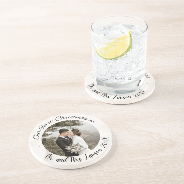 Elegant Our First Christmas wedding photo Coaster (Side)