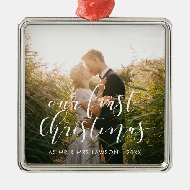 Elegant Our First Christmas wedding photo Metal Tree Decoration (Front)