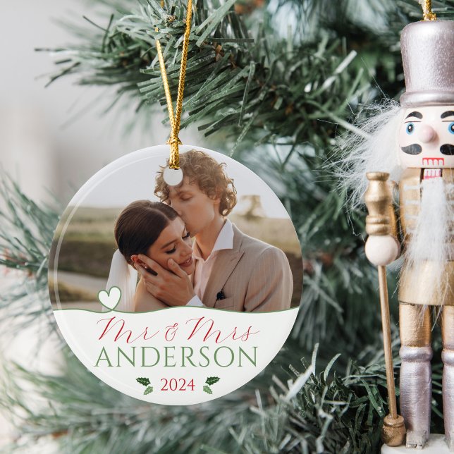 Elegant Our First Christmas Weddings Married Photo Ceramic Tree Decoration (Elegant Our First Christmas as Mr & Mrs personalized name wedding photo round ornament 2024 gift)