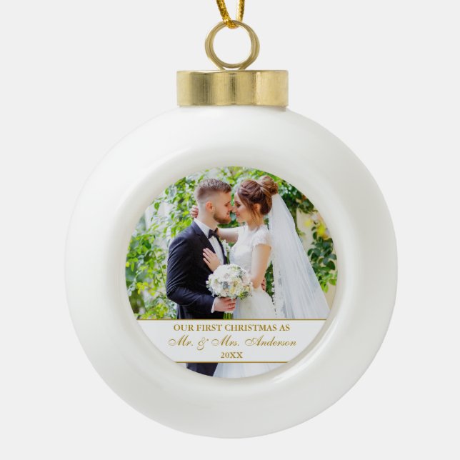 Elegant Our First Christmas White Gold Photo Ceramic Ball Christmas Ornament (Front)