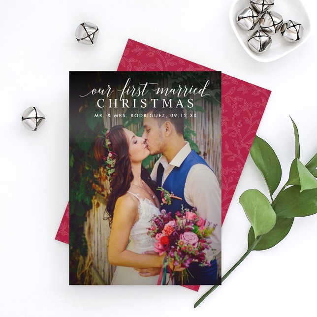 Elegant Our First Married Christmas Red Photo Holiday Card (Creator Uploaded)