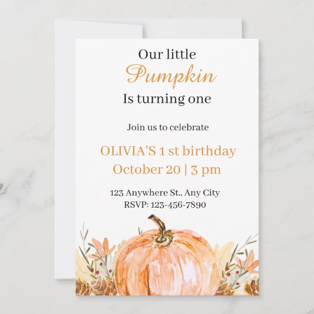 Elegant Our Little Pumpkin Birthday Invitation (Front)