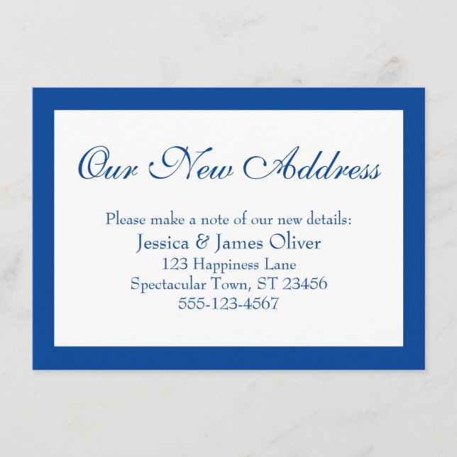 Elegant Our New Address Bordered Blue and White Enclosure Card (Front)