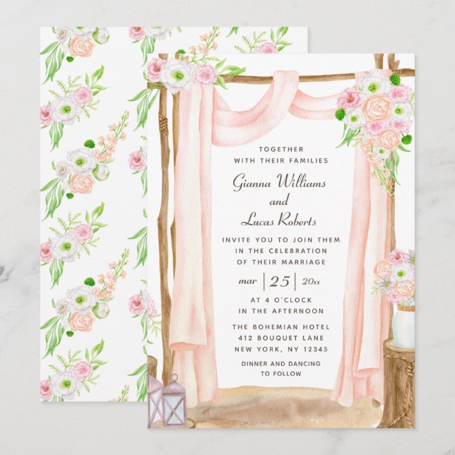 Elegant Outdoor Watercolor Pink Floral Wedding Invitation (Front/Back)