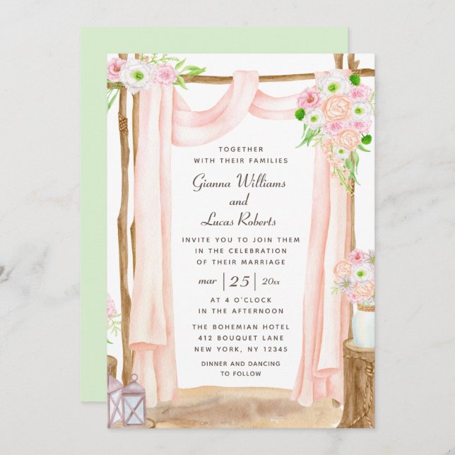 Elegant Outdoor Watercolor Pink Floral Wedding Invitation (Front/Back)