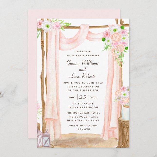 Elegant Outdoor Watercolor Pink Floral Wedding Invitation (Front/Back)