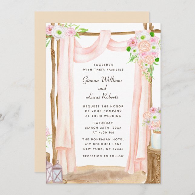 Elegant Outdoor Watercolor Pink Floral Wedding Invitation (Front/Back)