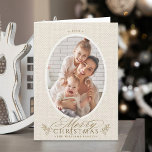 Elegant Oval Frame Merry Christmas Photo Folded  Holiday Card<br><div class="desc">Minimal holiday photo card featuring a 'Merry Christmas' script with pinecone twigs on a faux canvas print background. For more advanced customisation of this design,  please click the DESIGN TOOL BUTTON above!</div>