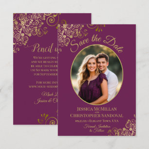Elegant Oval Photo Gold & Magenta Purple Wedding Save The Date