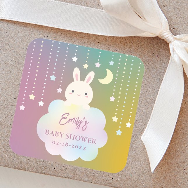 Elegant Over the Moon and Stars Girl Baby Shower Square Sticker (Creator Uploaded)