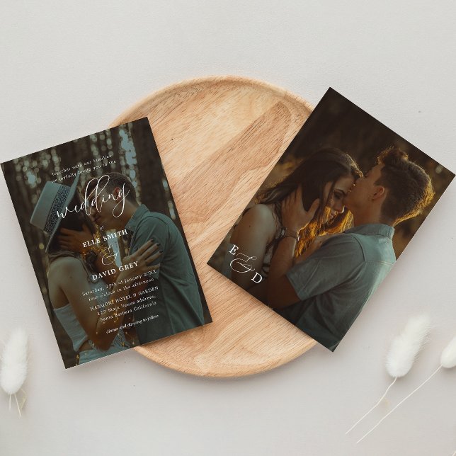 Elegant Overlay 2 Photo Script Monogram Wedding  Invitation (Creator Uploaded)