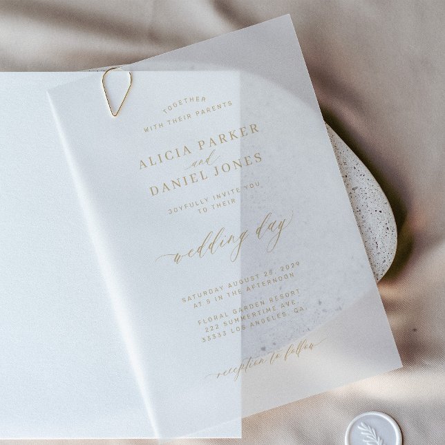 Elegant overlay gold and white wedding vellum invitations (Creator Uploaded)