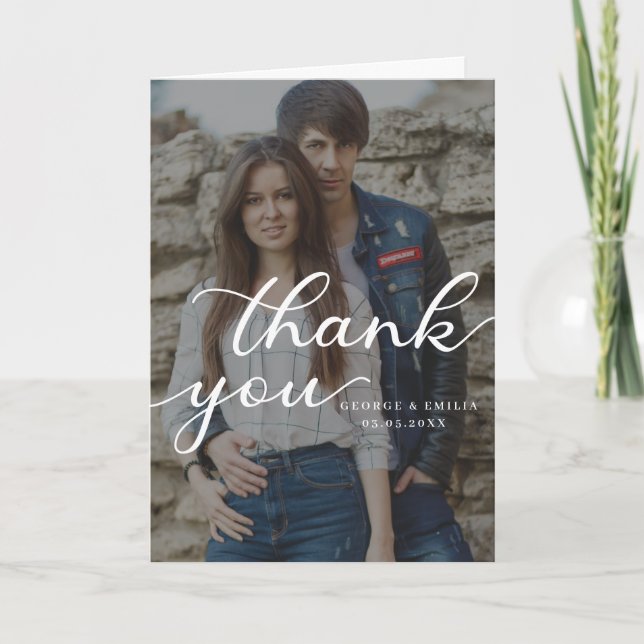 Elegant Overlay Hand Lettered Script Wedding Photo Thank You Card (Front)