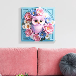 Elegant Owl Art with Floral Accents - Soft Pink  Canvas Print