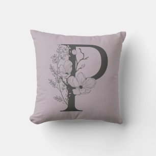 Elegant P Boho Floral Monogram Initial Lilac Grey Cushion