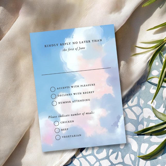 Elegant Painted Blue Sky Puffy Pink Clouds Wedding RSVP Card (Creator Uploaded)