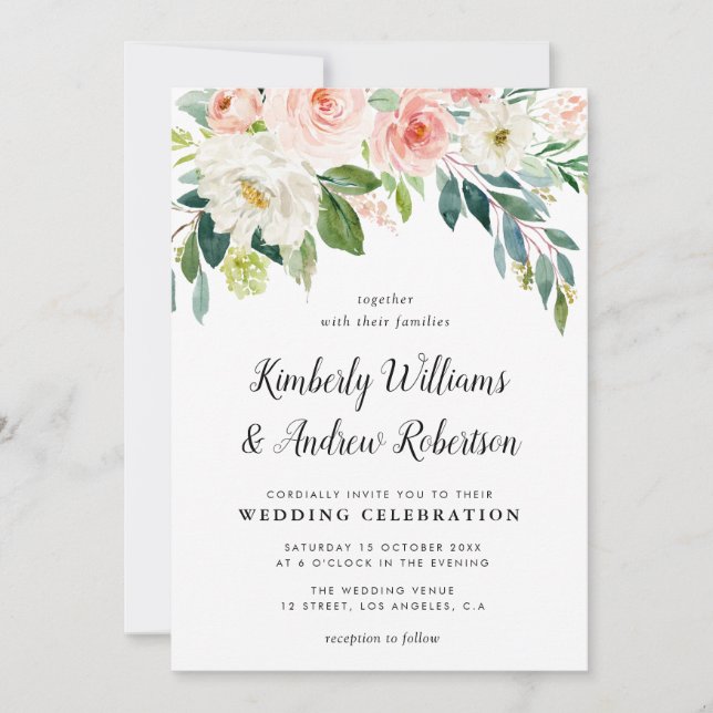 Elegant painted blush pink floral wedding invitation (Front)