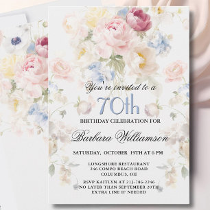 Elegant Painted Blush Rose Floral 70th Birthday Invitation