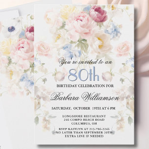 Elegant Painted Blush Rose Floral 80th Birthday Invitation