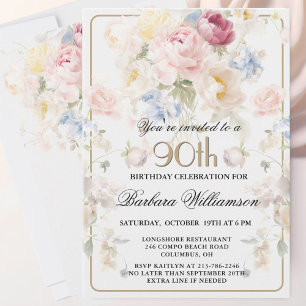 Elegant Painted Blush Rose Floral 90th Birthday  Invitation