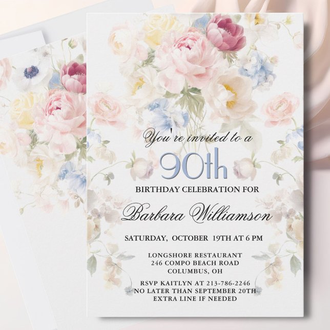 Elegant Painted Blush Rose Floral 90th Birthday  Invitation (Creator Uploaded)