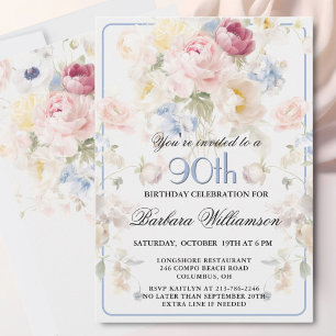 Elegant Painted Blush Rose Floral 90th Birthday Invitation