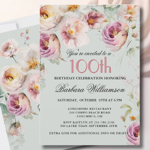 Elegant Painted Floral 100th Birthday Party Invitation