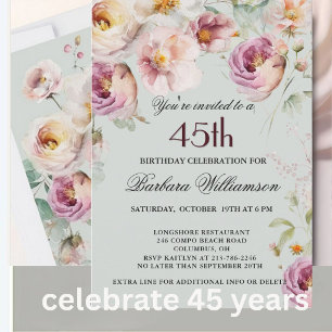 Elegant Painted Floral 45th Birthday Party Invitation
