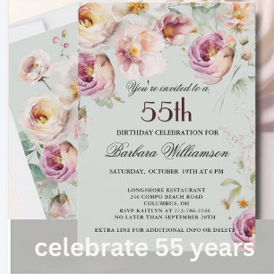 Elegant Painted Floral 55th Birthday Party Invitation