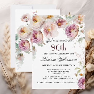 Elegant Painted Floral 80th Birthday Party Invitation