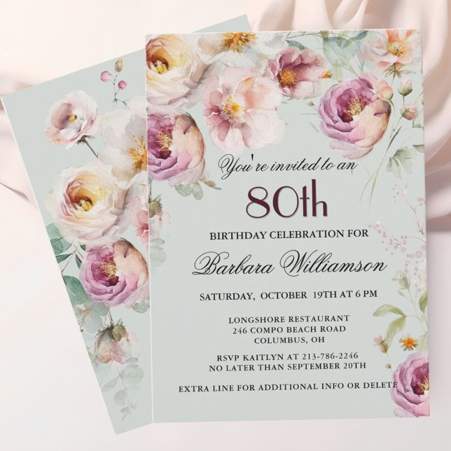 Elegant Painted Floral 80th Birthday Party Invitation (Creator Uploaded)