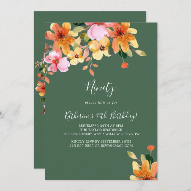 Elegant Painted Floral 90th Birthday Invitation (Front/Back)