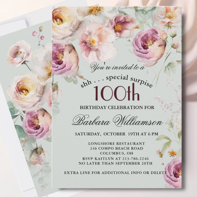 Elegant Painted Floral Surprise 100th Birthday  Invitation (Creator Uploaded)